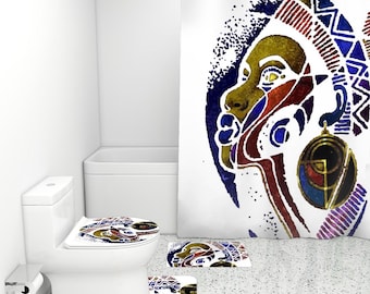 African Woman Art Bathrooms Sets with Shower Curtains and Rugs