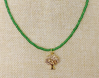 Green Tree of Life Charm Dainty Seed Bead Choker Necklace Boho Beaded Choker Good Luck Necklace Charm Choker Thin Choker Trendy Choker