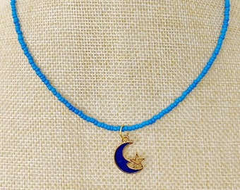 Blue Moon Charm Dainty Seed Bead Choker Necklace Boho Beaded Choker Good Luck Necklace Charm Choker Trendy Choker