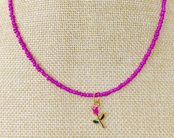 Hot Pink Gold Rose Charm Dainty Seed Bead Choker Necklace Boho Beaded Choker Good Luck Necklace Charm Choker Thin Choker Trendy Choker