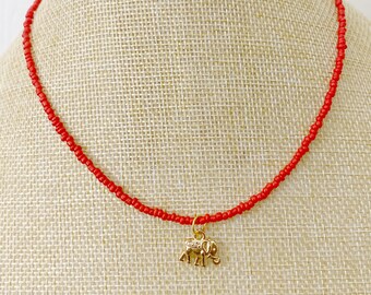 Red Gold Elephant Charm Dainty Seed Bead Choker Necklace Boho Beaded Choker Elephant Necklace Charm Choker Thin Choker Trendy Choker