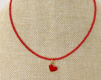 Red and Gold Heart Charm Dainty Seed Bead Choker Necklace Boho Beaded Choker Good Luck Necklace Charm Choker Thin Choker Trendy Choker