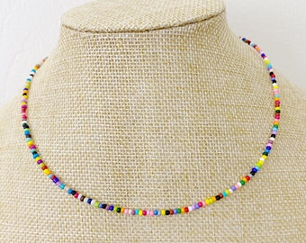 Rainbow Colorful Dainty Seed Bead Choker Necklace Boho Beaded Choker Minimal Necklace Charm Choker Trendy Choker Thin Necklace Tiny Necklace