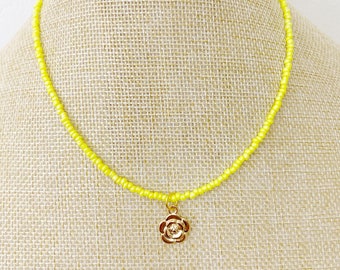 Yellow Gold Flower Charm Dainty Seed Bead Choker Necklace Boho Beaded Choker Good Luck Necklace Charm Choker Thin Choker Trendy Choker