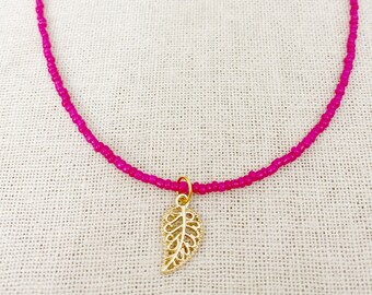 Hot Pink Gold Leaf Charm Dainty Seed Bead Choker Necklace Boho Beaded Choker Good Luck Necklace Charm Choker Thin Choker Trendy Choker