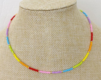 Rainbow Glass Dainty Seed Bead Choker Necklace Boho Beaded Choker Minimal Necklace Trendy Choker Thin Necklace Tiny Necklace