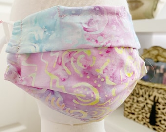 Pink and Purple tie dye swirl batik print boho Girls Kids Child Face Mask Nose Wire Filter Pocket Adjustable Ear Loops