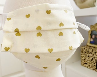 White and Gold Heart Print Dot Girls Kids Child  Face Mask Nose Wire Filter Pocket Adjustable Ear Loops Face mask for kids