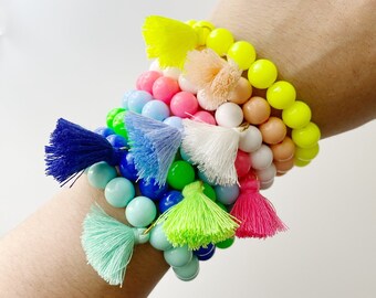 Colorful Neon Beaded Tassel Stretch Arm Candy Boho Stacking Bracelets