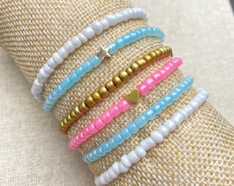 Dainty Gold Heart Star Seed Bead Boho Thin Stretch Colorful VCSO Minimal Friendship Bracelet Arm Candy Bracelet Stack Gift Ideas for Women