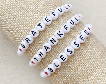 White Thankful Grateful Blessed Gift for Her Stacking Bracelet Set Trendy Word Bead Bracelet