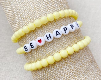 Yellow Be Happy Summer Bracelet Beach Bracelet  Stacking Bracelet Set Trendy Word Bead Bracelet