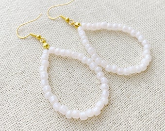 Glass Seed Bead Shimmery Pearl Dainty Minimalist Beaded Boho Handmade Teardrop Hoop Dangle Earrings