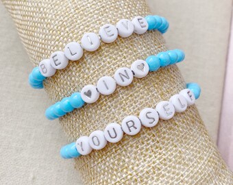 Blue and Silver Believe in Yourself Motivational Positivity Stacking Bracelet Set Trendy Word Bead Bracelet