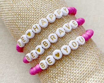 Pink Be Happy Be Brave Be You Positivity Stacking Bracelet Set Trendy Word Bead Bracelet