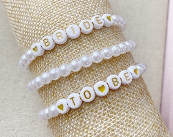 Pearl and Gold Bride to Be Wedding Bracelet Wedding Jewelry Stacking Bracelet Set Trendy Word Bead Bracelet