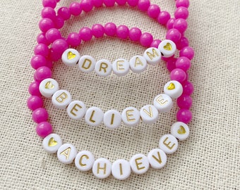 Hot Pink Dream, Believe, Achieve Positivity Inspirational Stacking Bracelet Set Trendy Word Bead Bracelet