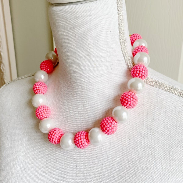 Neon Coral Pink and Pearl Bubblegum Kids Girls Statement Choker Preppy Necklace