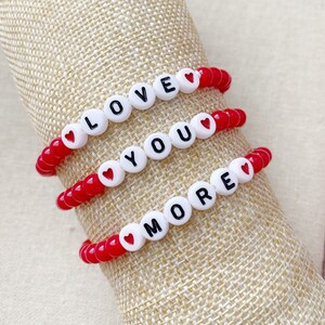 Red Heart Love You More Gift for Her Stacking Bracelet Set Trendy Word Bead Bracelet image 1