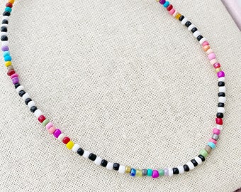 Funky Rainbow Multicolor Stripe Dainty Beaded Seed Bead Choker Minimalist VSCO Layering Necklace Boho Choker Colorful Necklace