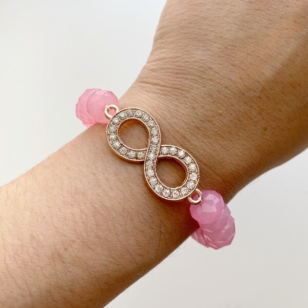 Pink Beaded Preppy Rose Gold Infinity Stacking Arm Candy Bling Stretch Bracelet