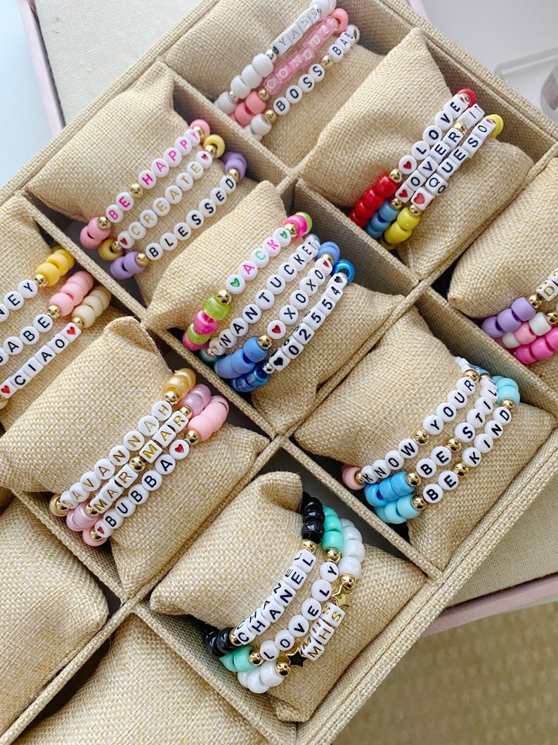 Custom Name Word Bracelet Stacking Stretch Pony Bead Bracelet VSCO bracelet Colorful Beaded Bracelet Friendship Bracelet Rave Bracelet image 1