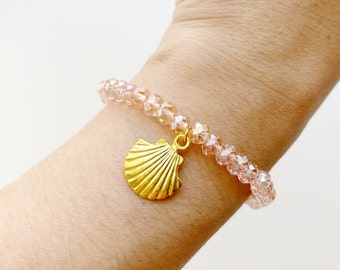 Pink Glass Crystal Gold Shell Beaded Stretch Charm Bracelet Stacking Arm Candy Jewelry