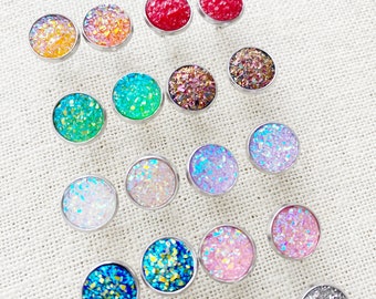 Dainty Silver Glitter Minimal Faux Druzy Gemstone Simple Everyday Stud Earrings