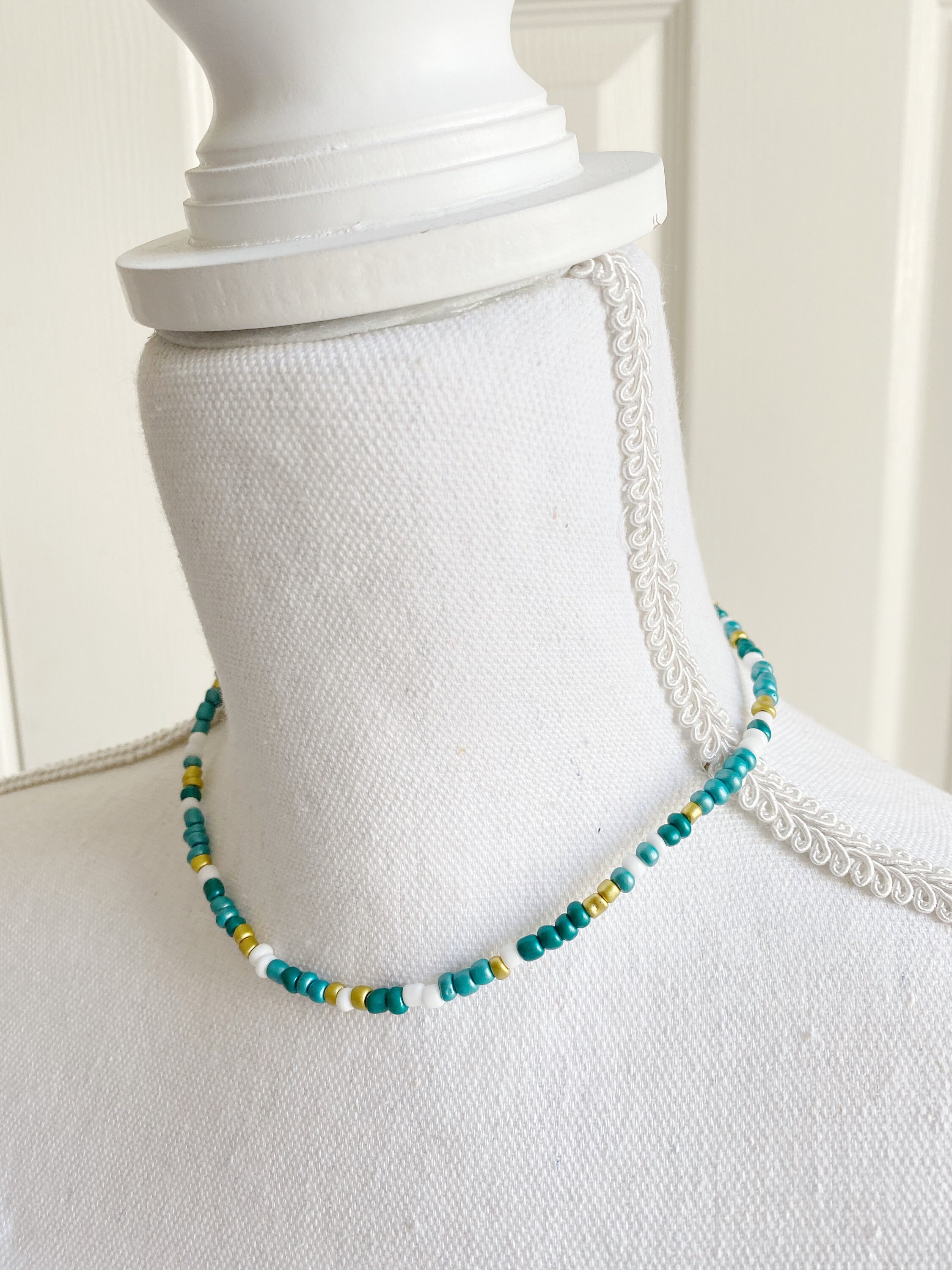 Teal White Gold Shimmer Dainty Beaded Seed Bead Choker | Etsy