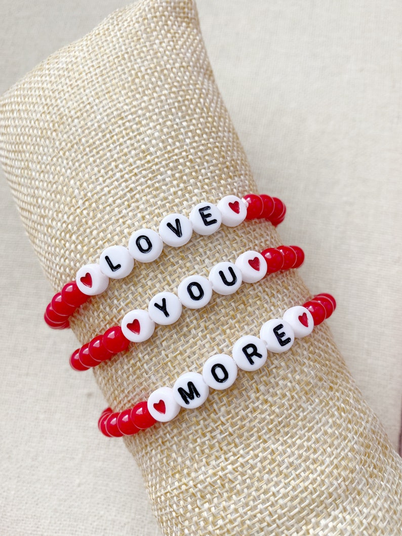 Red Heart Love You More Gift for Her Stacking Bracelet Set Trendy Word Bead Bracelet image 1