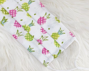 Women's Preppy Pink and Green Pineapple Print Face Mask Nose Wire Filter Pocket Filter and Adjustable ear loops