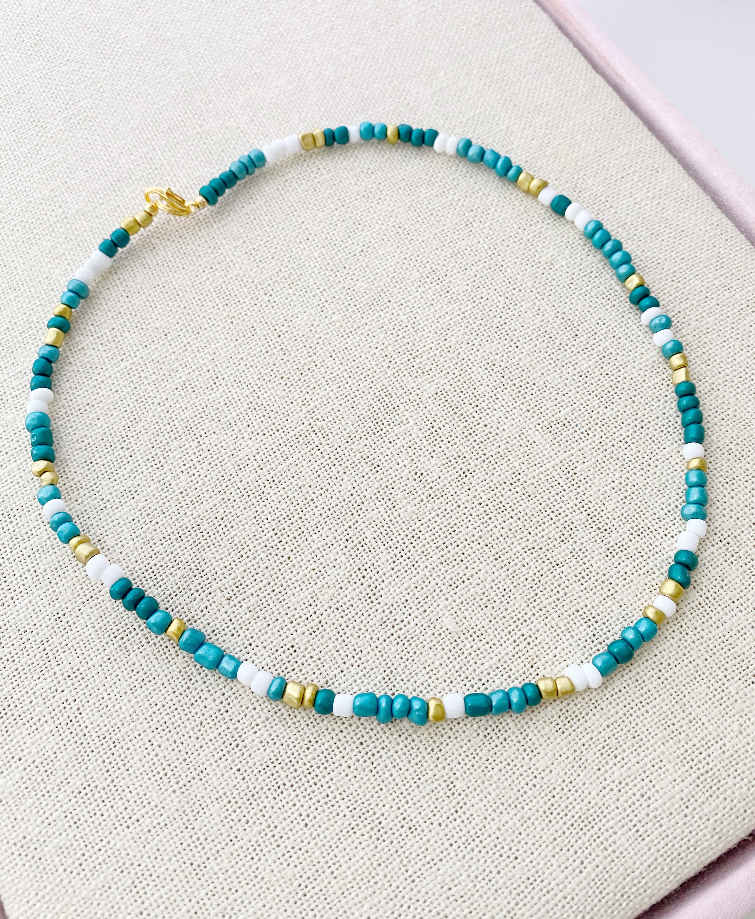 Teal White Gold Shimmer Dainty Beaded Seed Bead Choker | Etsy