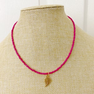 Hot Pink Gold Leaf Charm Dainty Seed Bead Choker Necklace Boho Beaded Choker Good Luck Necklace Charm Choker Thin Choker Trendy Choker image 2