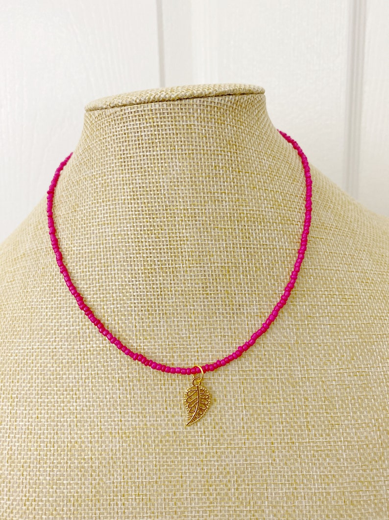 Hot Pink Gold Leaf Charm Dainty Seed Bead Choker Necklace Boho Beaded Choker Good Luck Necklace Charm Choker Thin Choker Trendy Choker image 2