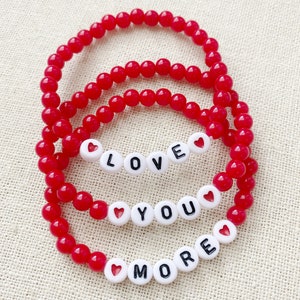 Red Heart Love You More Gift for Her Stacking Bracelet Set Trendy Word Bead Bracelet image 2