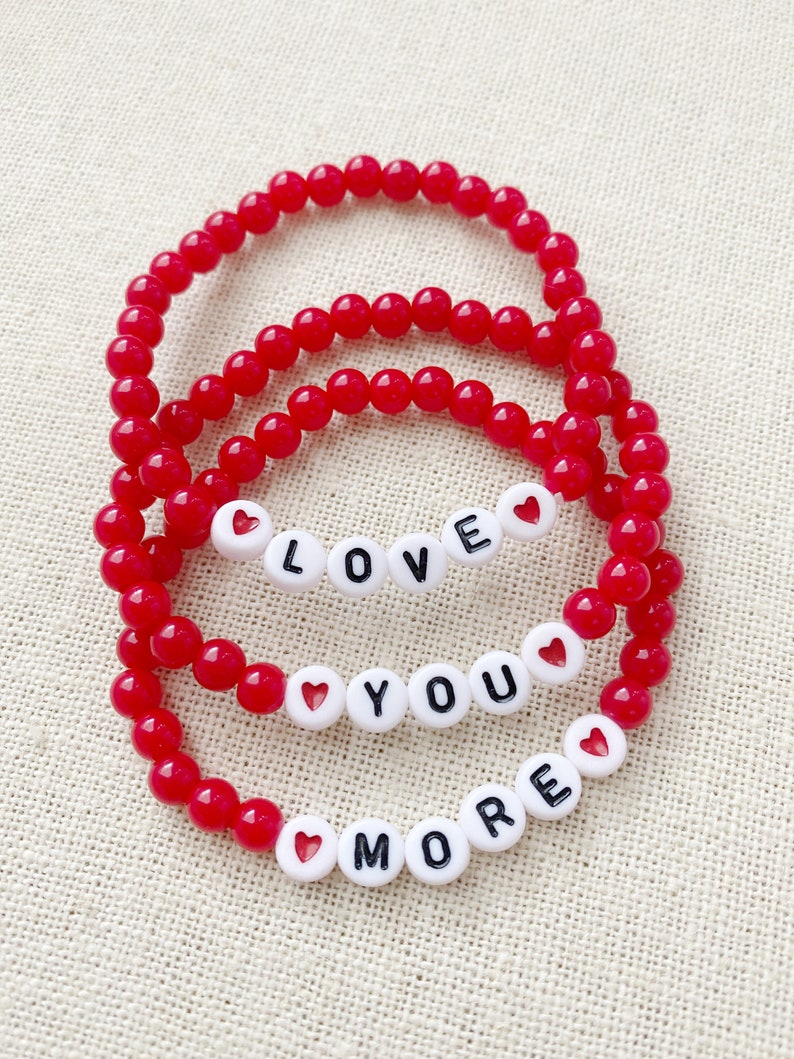 Red Heart Love You More Gift for Her Stacking Bracelet Set Trendy Word Bead Bracelet image 2