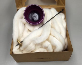 Spin Cotton Fiber Kit. Natural Upland Cotton Sliver. Hand-Painted Wood Support Bowl and Brass Tahkli Spindle. Purple