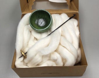 Spin Cotton Fiber Kit. Natural Upland Cotton Sliver. Hand-Painted Wood Support Bowl and Brass Tahkli Spindle. Green