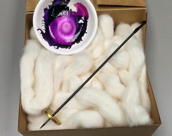 Cotton Fiber Kit. Natural Upland Cotton. Hand-Painted Porcelain Support Bowl and Brass Tahkli Spindle. (SK10)