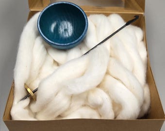 Spin Cotton Fiber Kit. Natural Upland Cotton Sliver. Hand-Painted Wood Support Bowl and Brass Tahkli Spindle. Blue