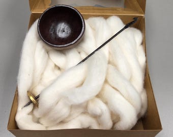 Spin Cotton Fiber Kit. Natural Upland Cotton Sliver. Hand-Painted Wood Support Bowl and Brass Tahkli Spindle. Brown