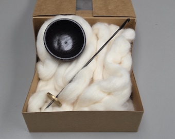 Spin Cotton Fiber Kit. Natural Upland Cotton Sliver. Hand-Painted Wood Support Bowl and Brass Tahkli Spindle. SK59 Dark Brown