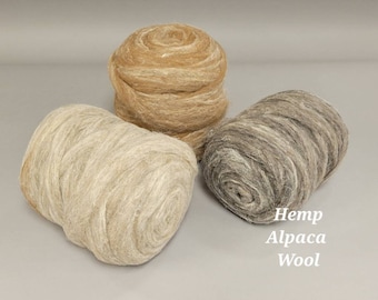Hemp, Alpaca and Wool Fiber - Custom Blend Pin Draft Roving (20/50/30) Light, Medium, Dark Colors. Great for Weaving, Fiber Arts, Knitting