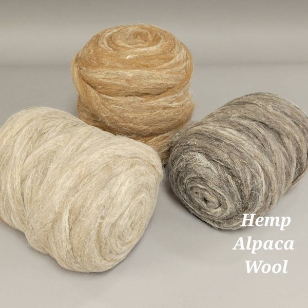 Hemp, Alpaca and Wool Fiber - Custom Blend Pin Draft Roving (20/50/30) Light, Medium, Dark Colors. Great for Weaving, Fiber Arts, Knitting
