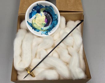 Cotton Fiber Kit. Natural Upland Cotton. Hand-Painted Porcelain Support Bowl and Brass Tahkli Spindle. (SK63)