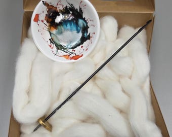 Cotton Fiber Kit. Natural Upland Cotton. Hand-Painted Porcelain Support Bowl and Brass Thakli Spindle. (Kit089)