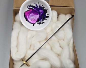 Cotton Fiber Kit. Natural Upland Cotton. Hand-Painted Porcelain Support Bowl and Brass Tahkli Spindle. (SK29)