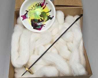 Cotton Fiber Kit. Natural Upland Cotton. Hand-Painted Porcelain Support Bowl and Brass Tahkli Spindle. (SK62)