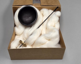 Spin Cotton Fiber Kit. Natural Upland Cotton Sliver. Hand-Painted Wood Support Bowl and Brass Tahkli Spindle. SK40 Brown