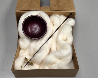 Spin Cotton Fiber Kit. Natural Upland Cotton Sliver. Hand-Painted Wood Support Bowl and Brass Tahkli Spindle. SK8 Red